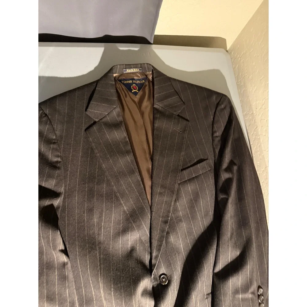 Tommy Hilfiger Mens Brown Pinstripe 2 Piece Suit Blazer Pleated Pants Dillard's